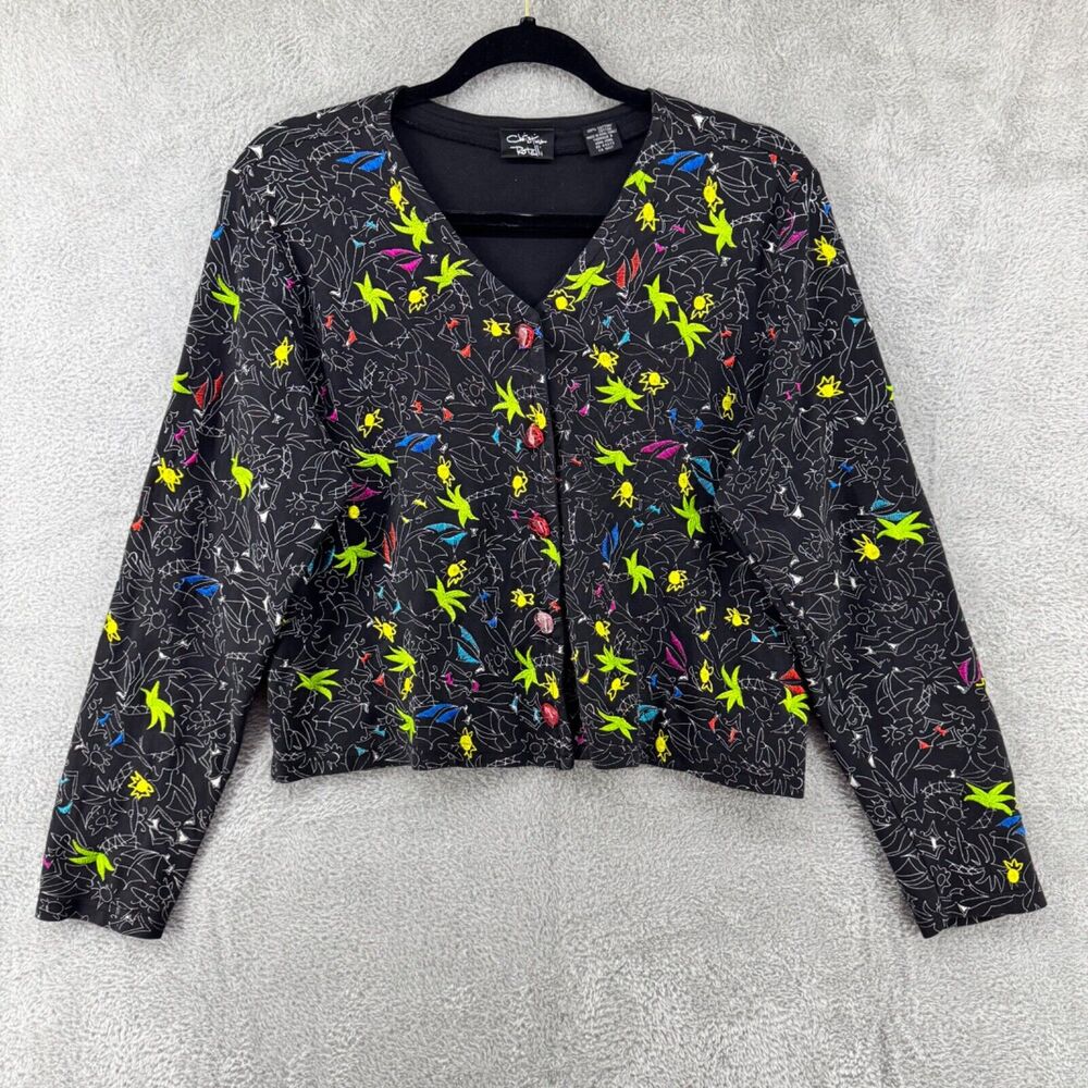 Christina Rotelli Top Women M Black Embroidered Button Front V-Neck Art to Wear